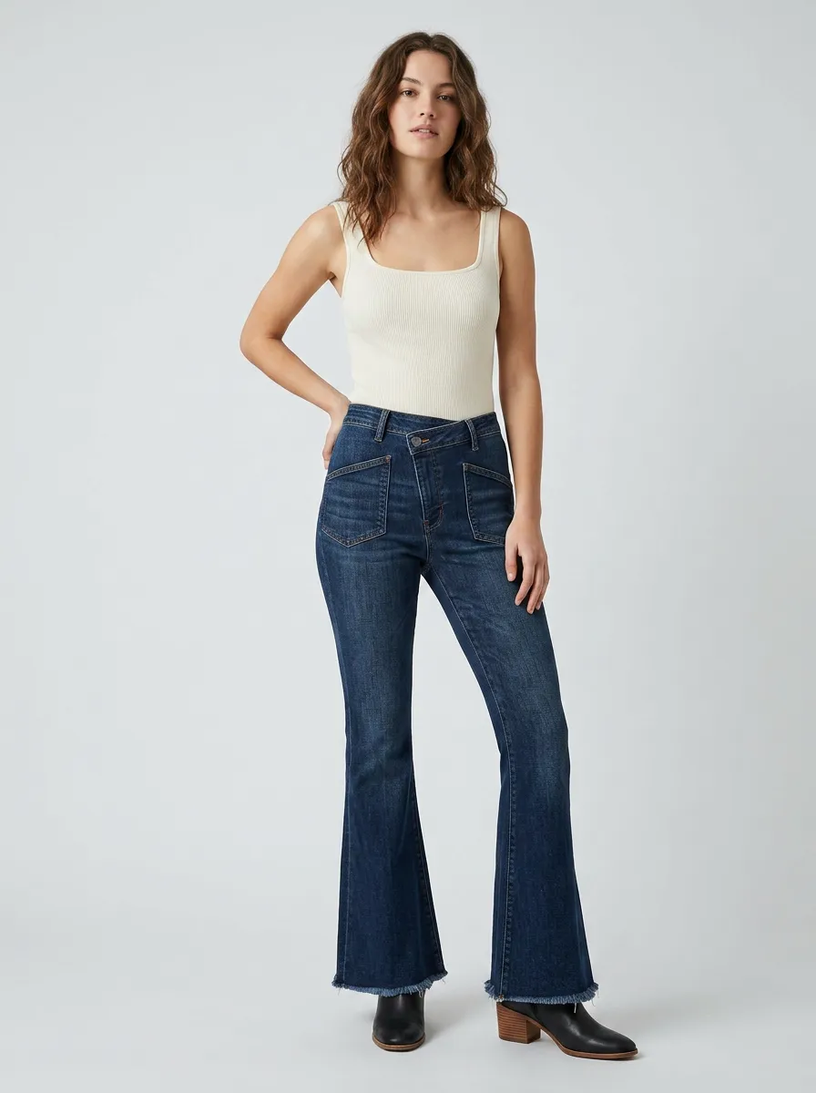 Women's High-Rise Asymmetric Waist Raw Hem Flare Denim Pants
