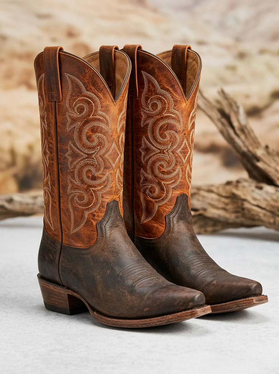 Country Embroidered Distressed Ranch-Look Western Boots