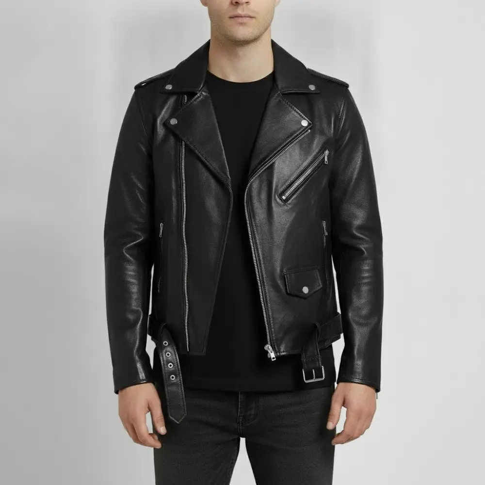 Modern Leather Biker Motorcycle Belted Jacket