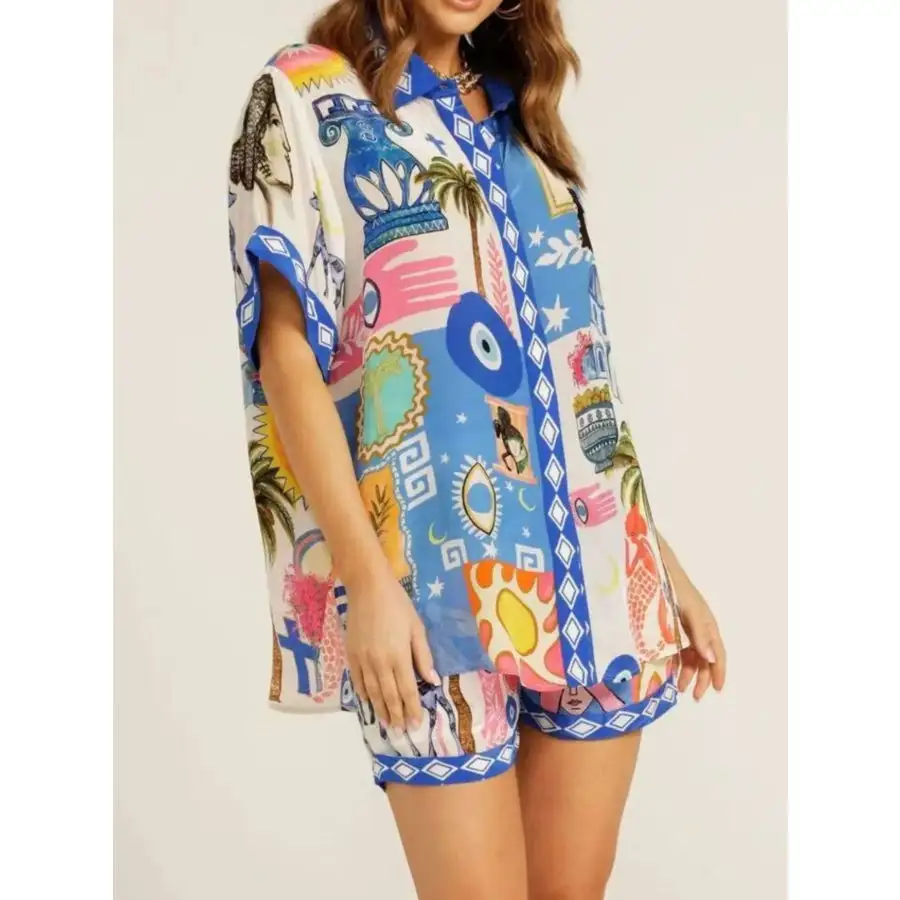 Lightweight Printed Button Up Shirt and Shorts Set