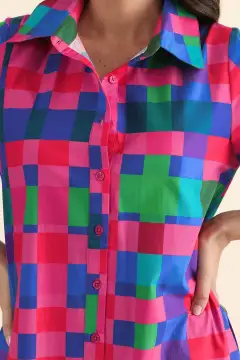 Below-Knee Gingham Cotton Button-Front Pocket Embroidered Collared Dress