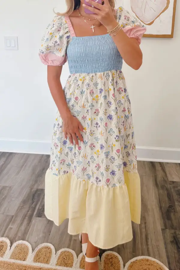 Floral Striped Patchwork Neck Maxi Dress