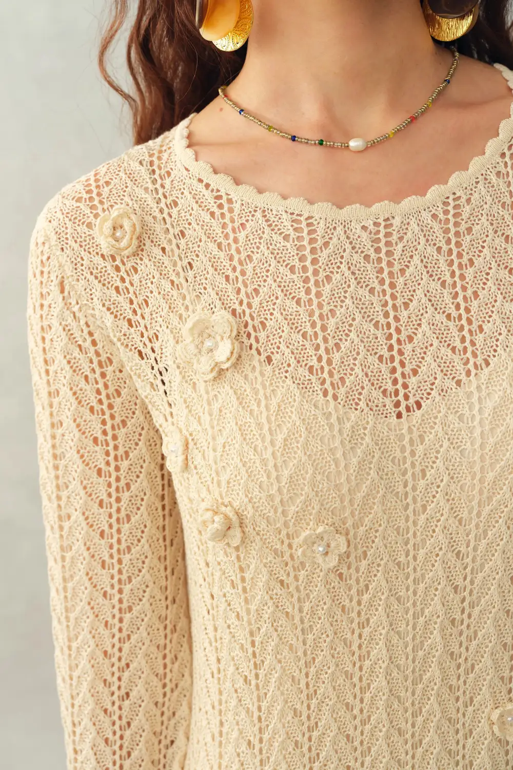 Open Knit Floral Linen Blend Midi Dress