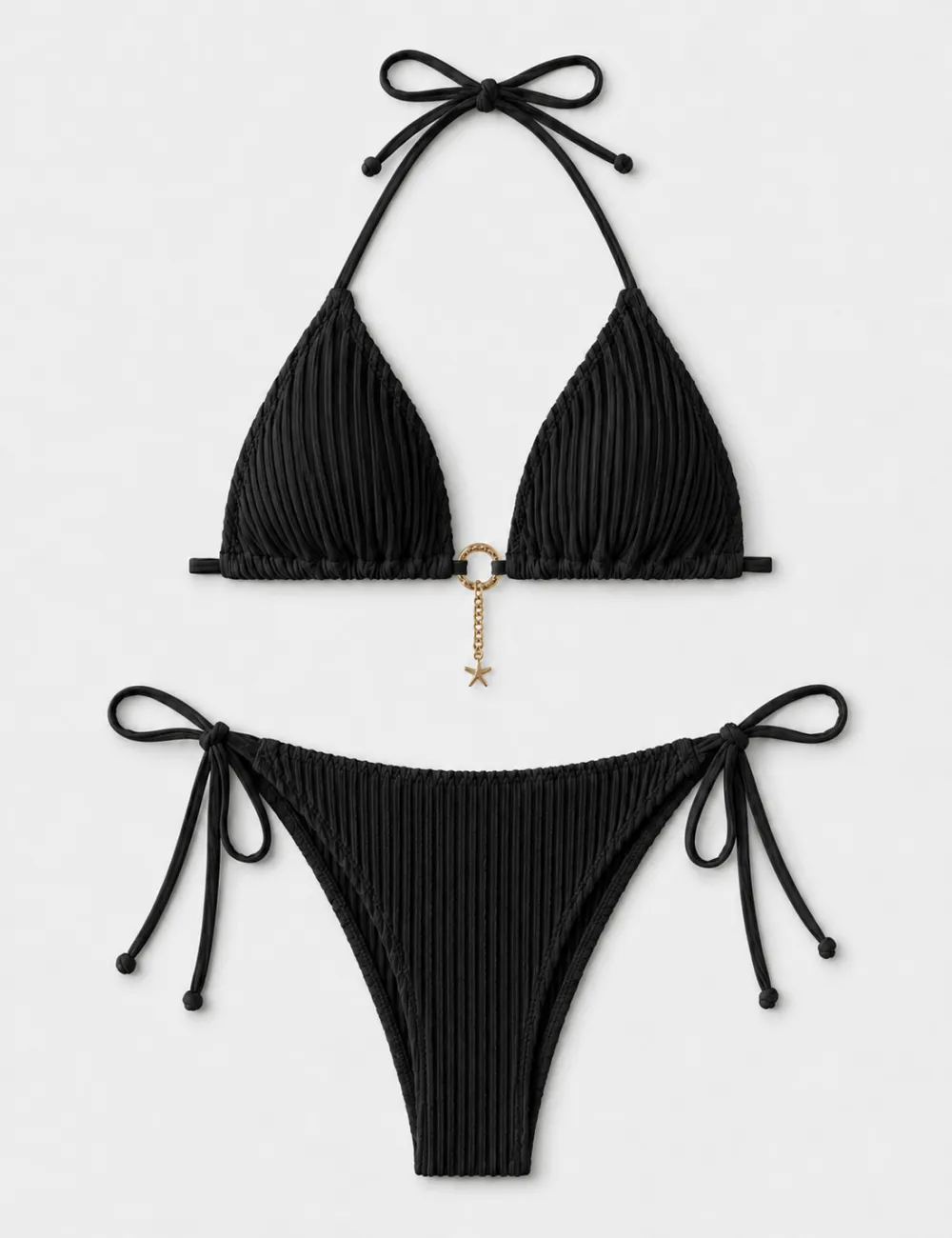 Vertical Texture Halter Neck Triangle Bikini Set