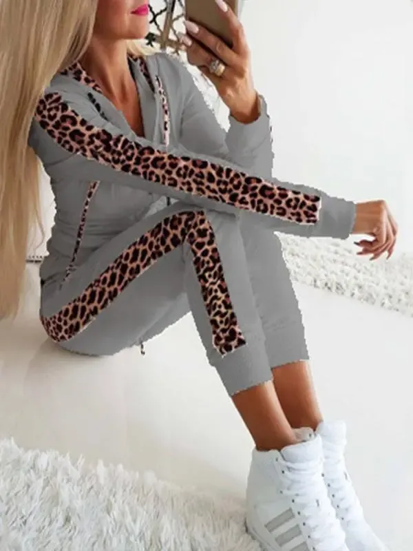 Women's Leopard Print Zipper Hoodie Trouser Suit Sexy Home Wear