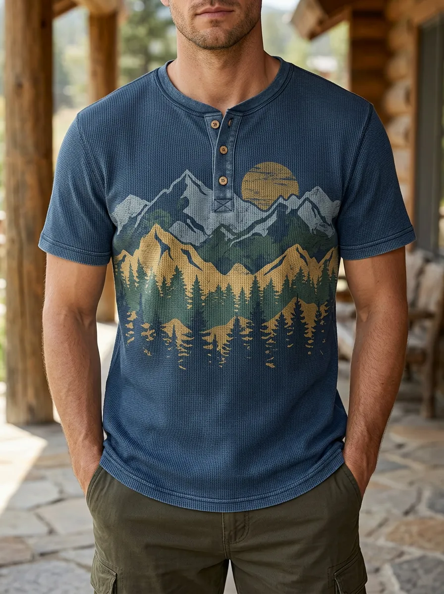 Men's Outdoor Inspired Nature Lover Mountain Forest Sunset Henley T-Shirt