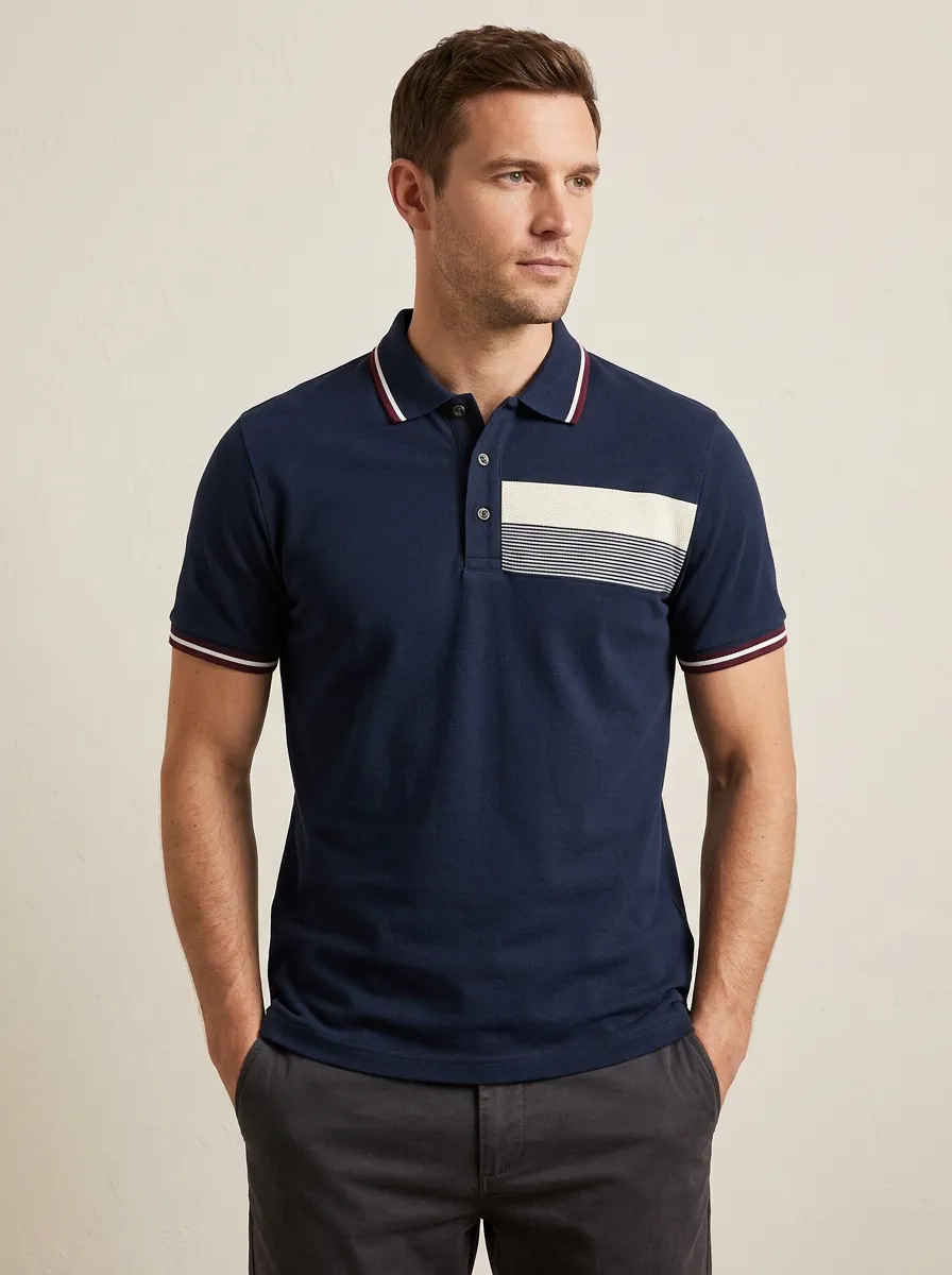 Men's Smart-Casual Navy Striped Chest Panel Printed Polo Shirt