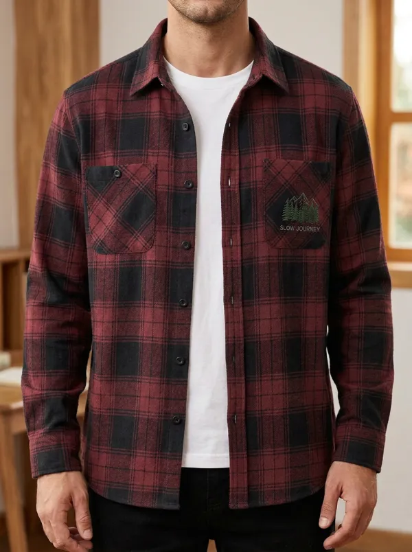 Mountain Forest Plaid Button Cuff Shirt