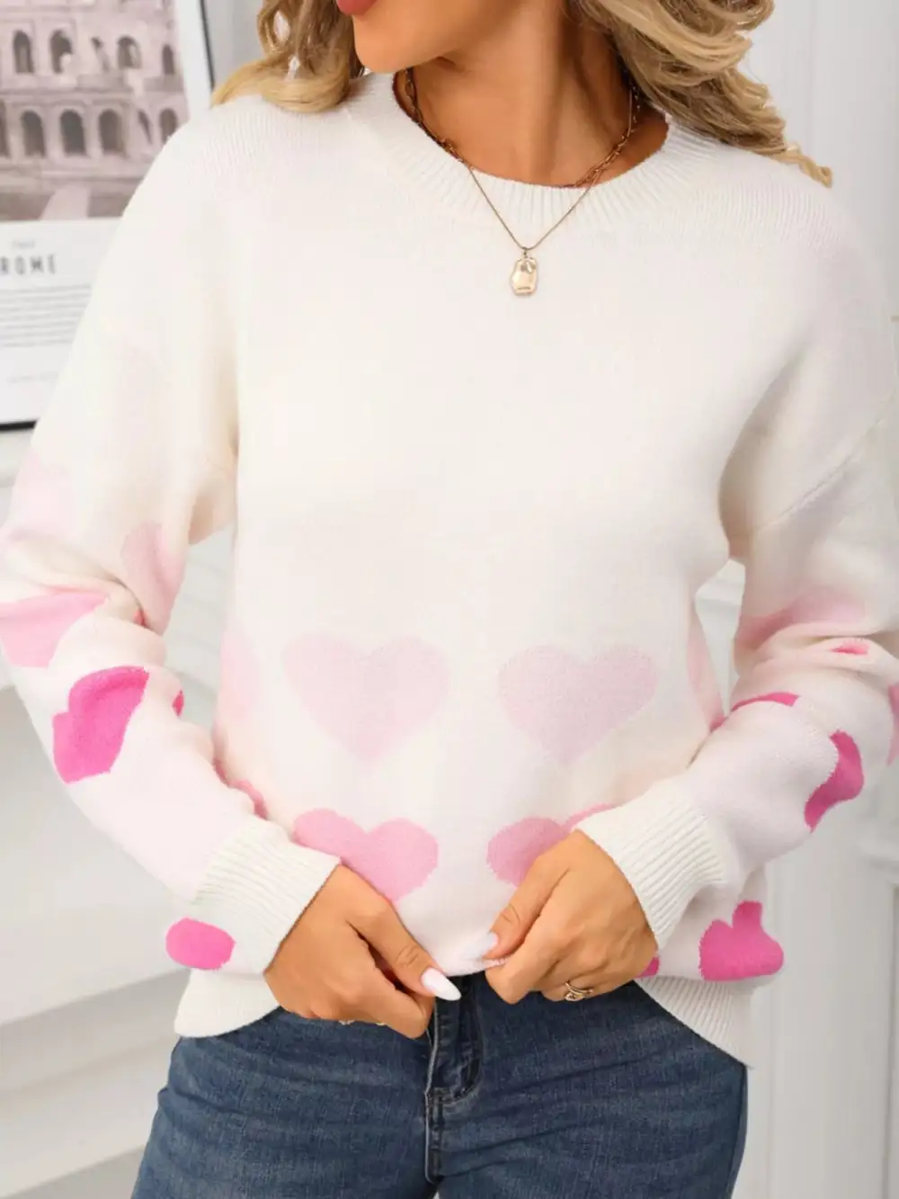 Valentine's Day Heart Pattern Crew Neck Sweater