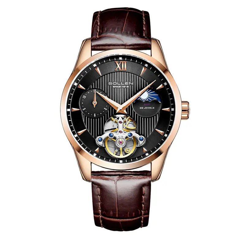 Sollen SL302 Men's Open Heart Automatic Mechanical Watch - 41mm Stainless Steel Case Moon Phase Dual Time Sunburst Dial Wristwatch