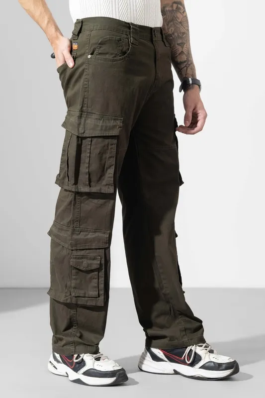 Olive Green Multi-Pocket Cargo Pants with Belt Loops