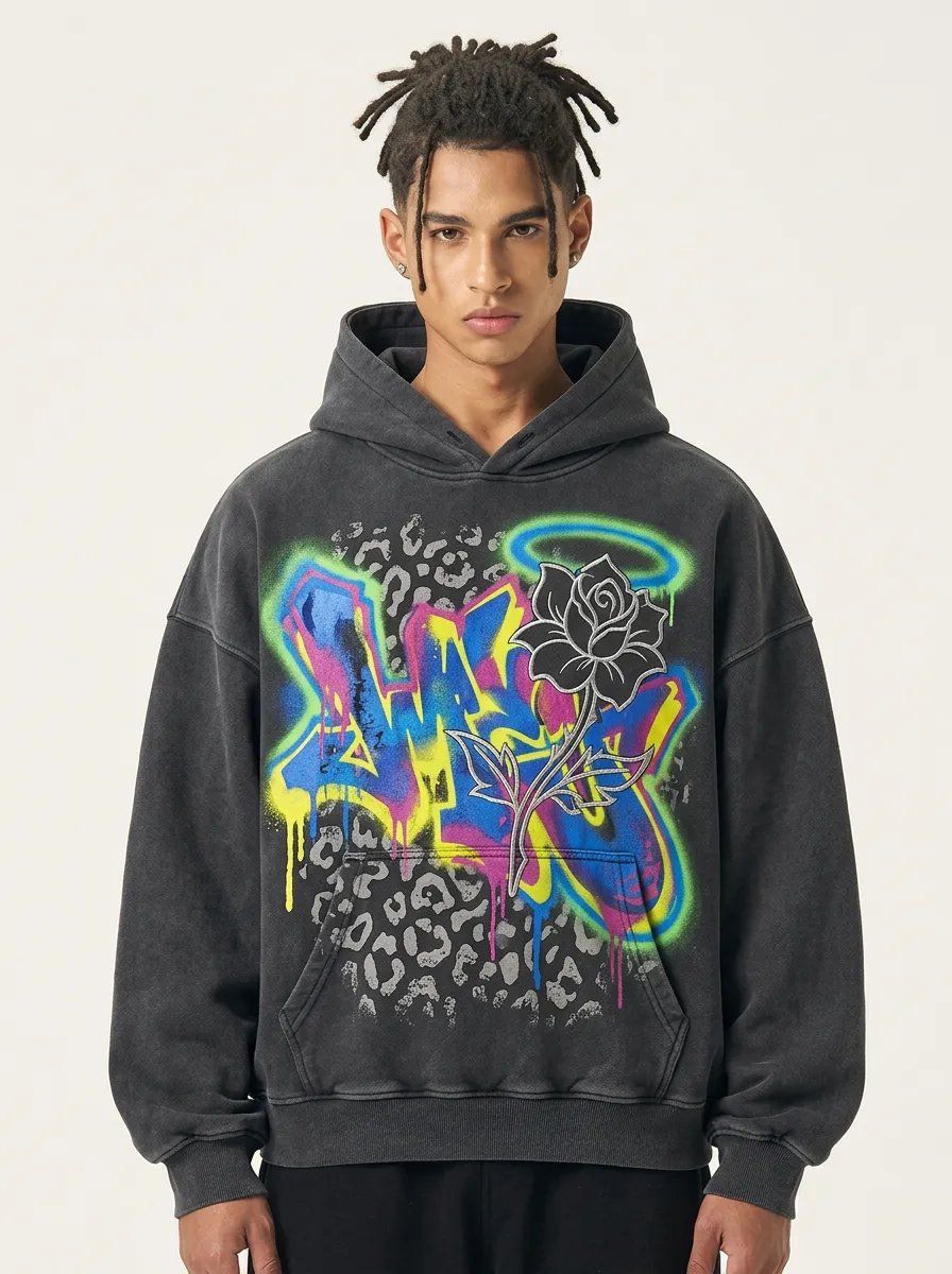 Unisex Streetwear Graffiti Rose Leopard Pattern Mix Hoodie