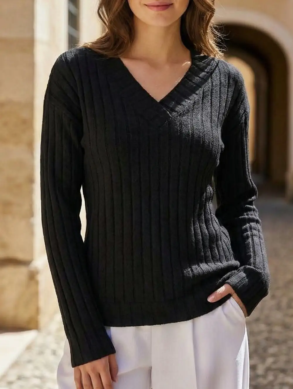 V-Neck Knit Long Sleeve Top
