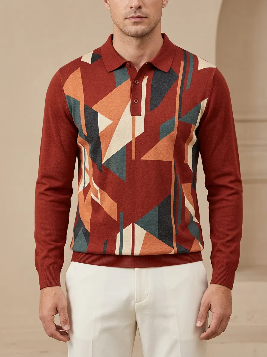 Men's Geometric Abstract Pattern Printed Long Sleeve Polo Shirt Everyday Design