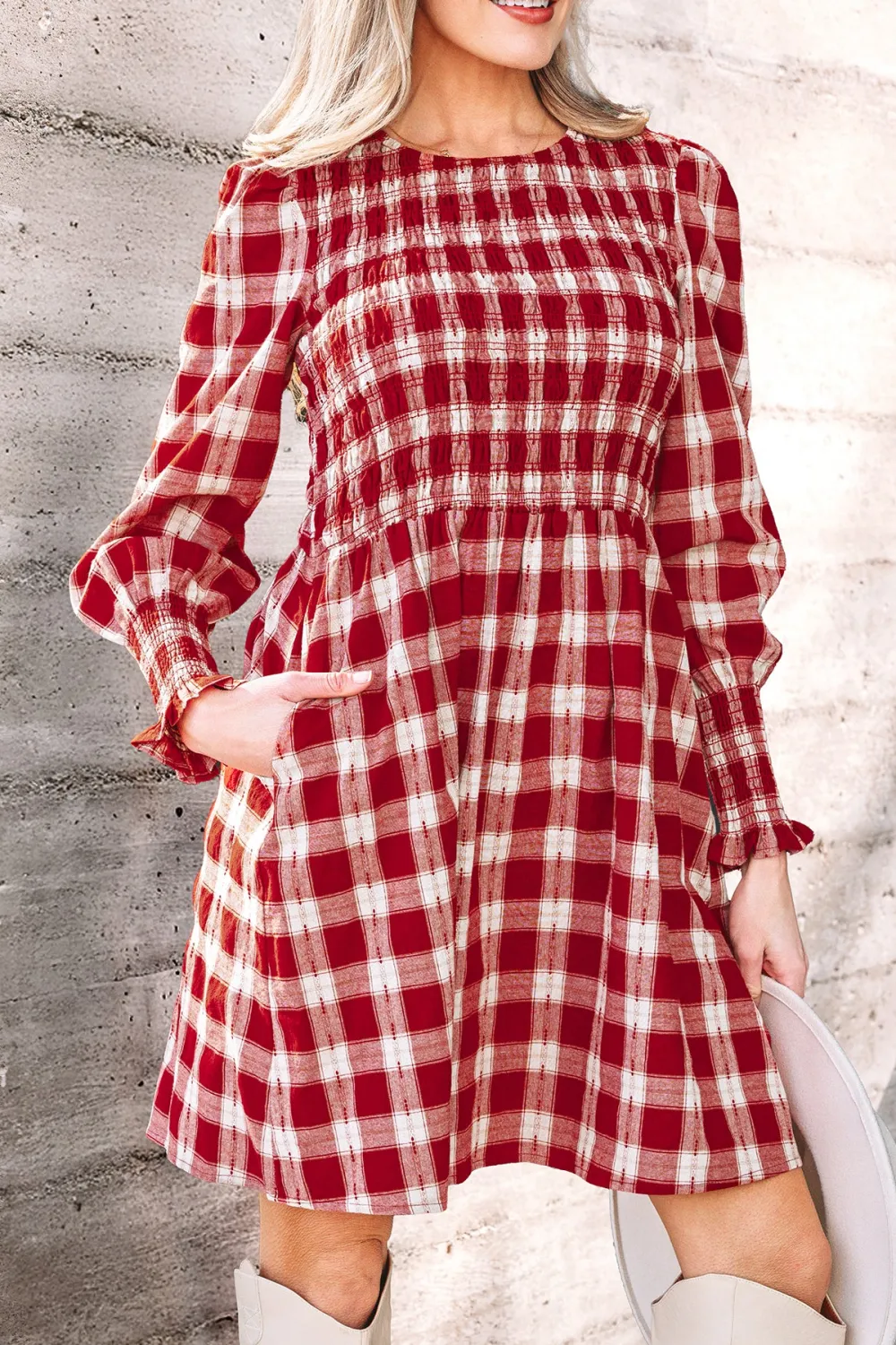 Women's Plaid Printed Puff Sleeve Mini Dress