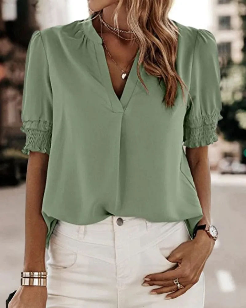  V Neck Smocked Sleeve Blouse