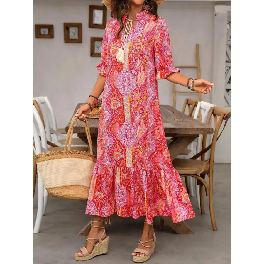 Tie Neck Flounce Sleeve Midi Dress