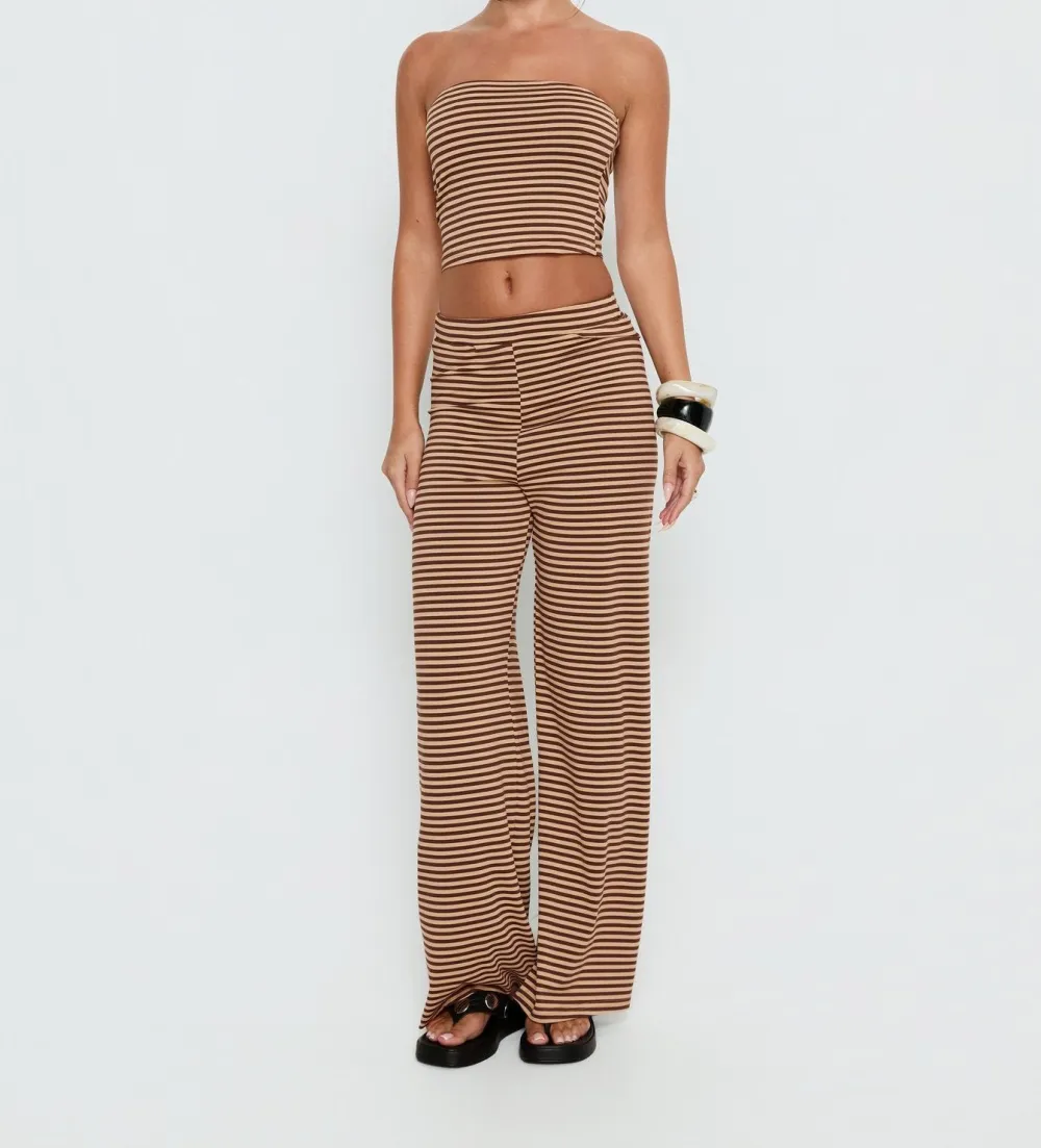 Brown Striped Mid-Rise Straight-Leg Pants