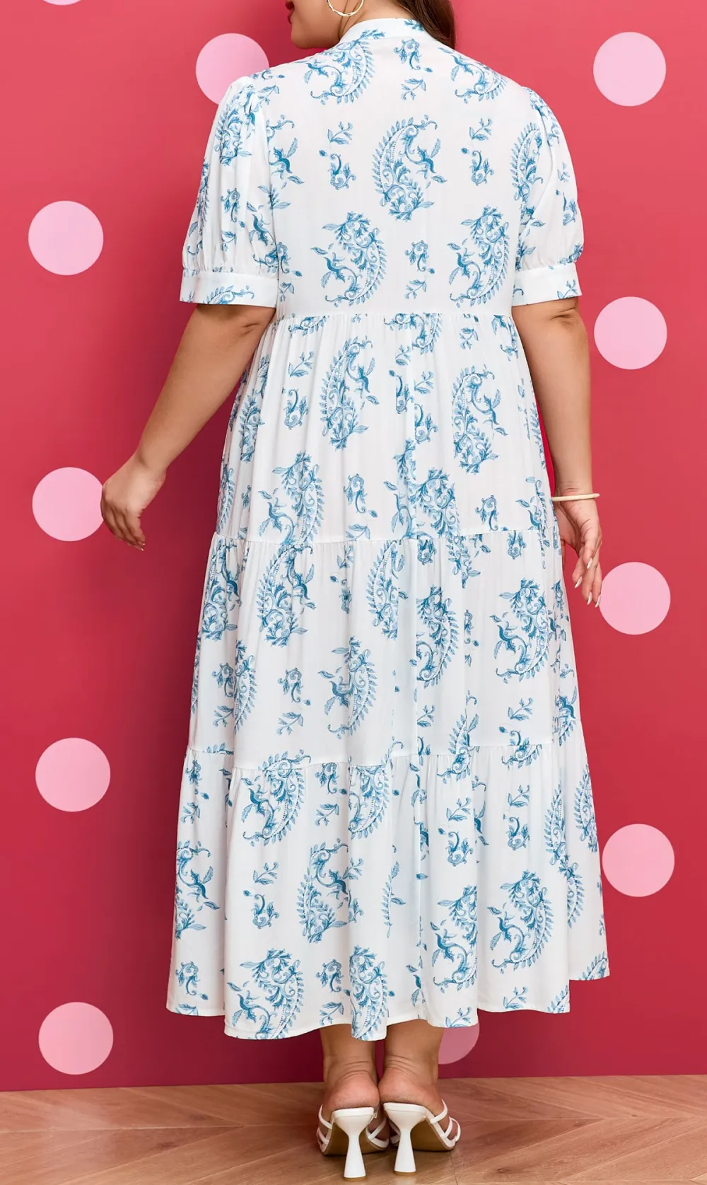 Plus Fit Geometric Floral Print Button Split Neck Short Sleeve Maxi Dress