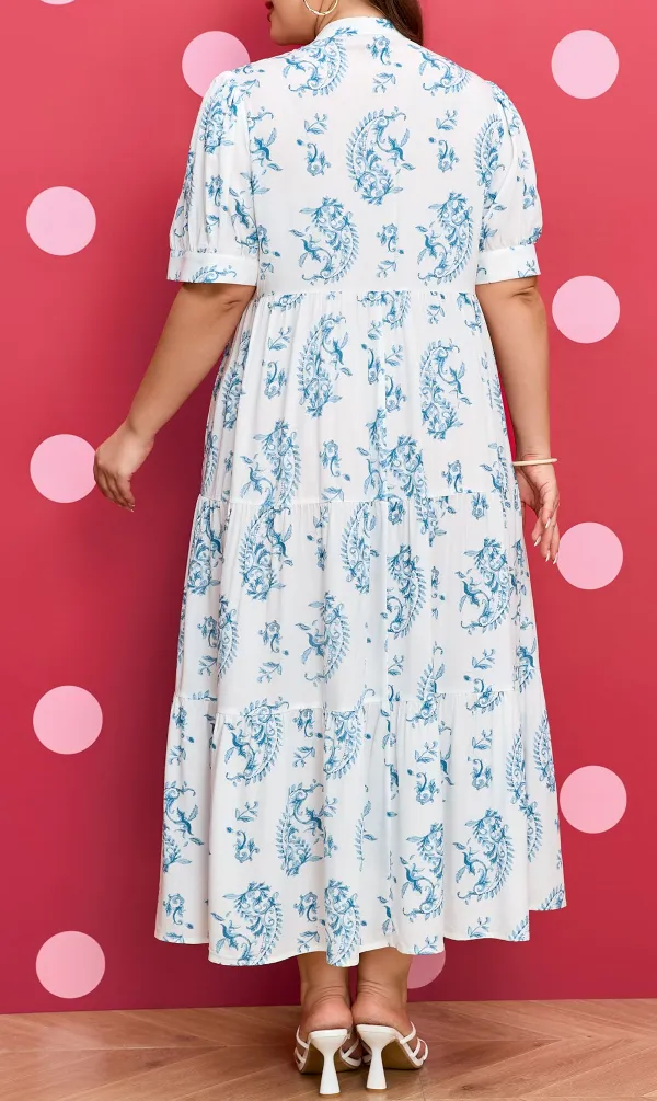 Plus Fit Geometric Floral Print Button Split Neck Short Sleeve Maxi Dress