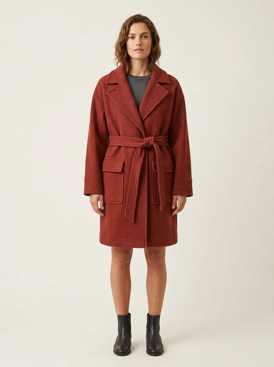 Rust Belted Wool Blend Coat