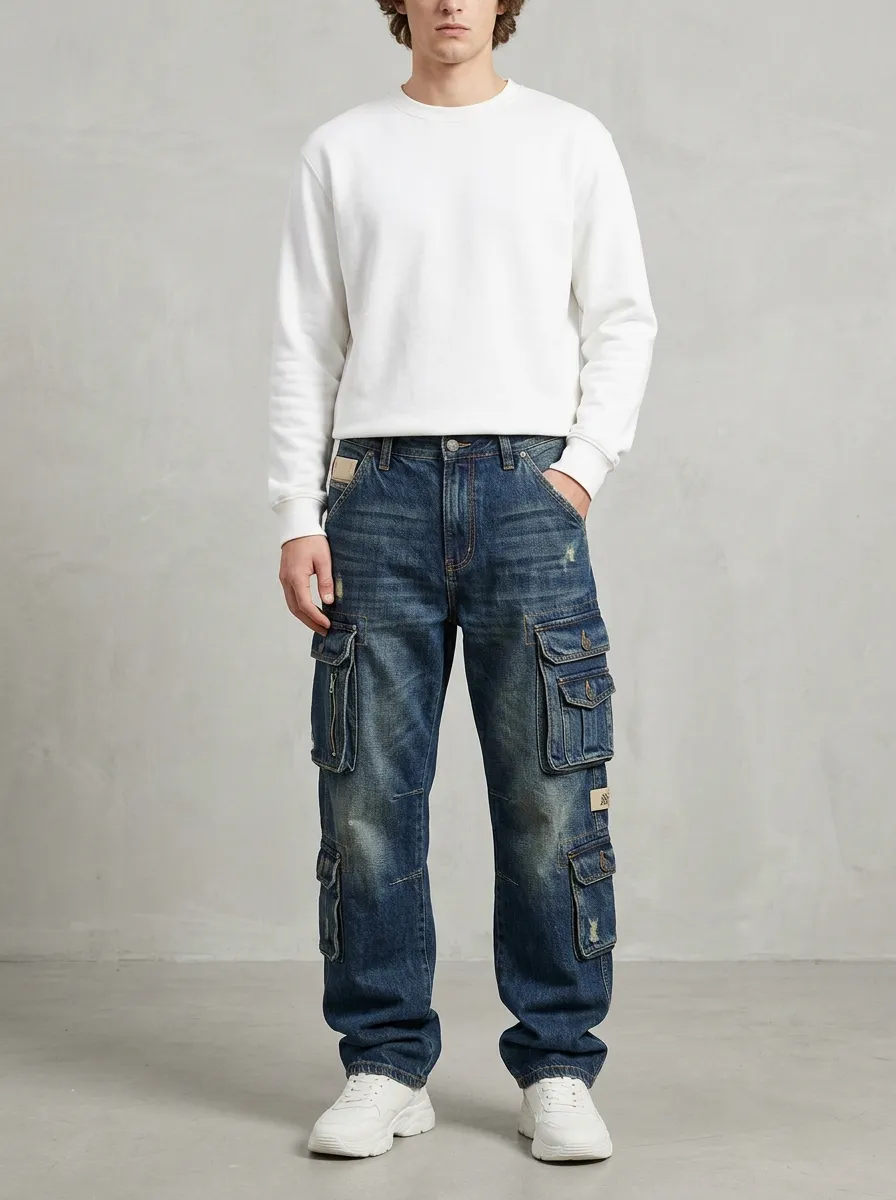 Men's Summit Streetwear Distressed Denim Multi-Pocket Cargo Jeans