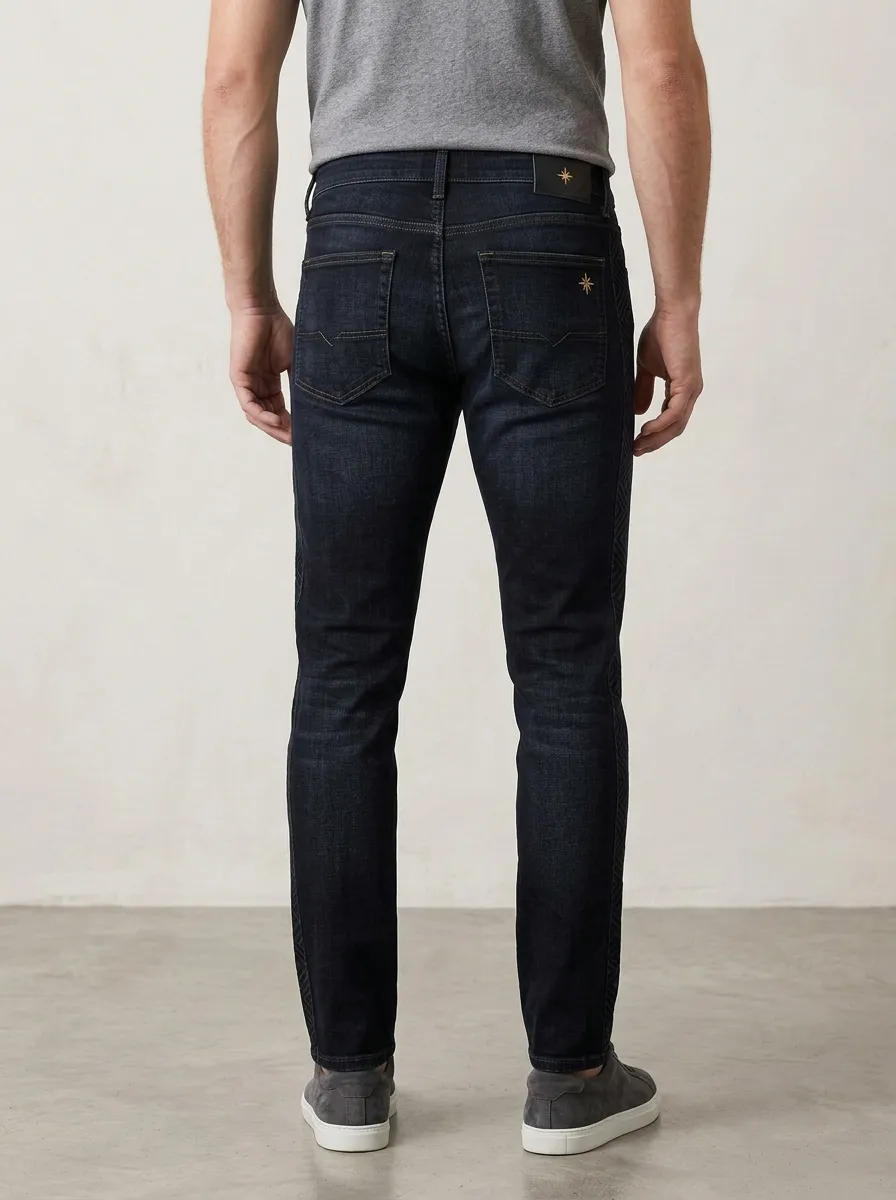 Men's Star Embroidery Geometric Side Striped Printed Stretch Jeans