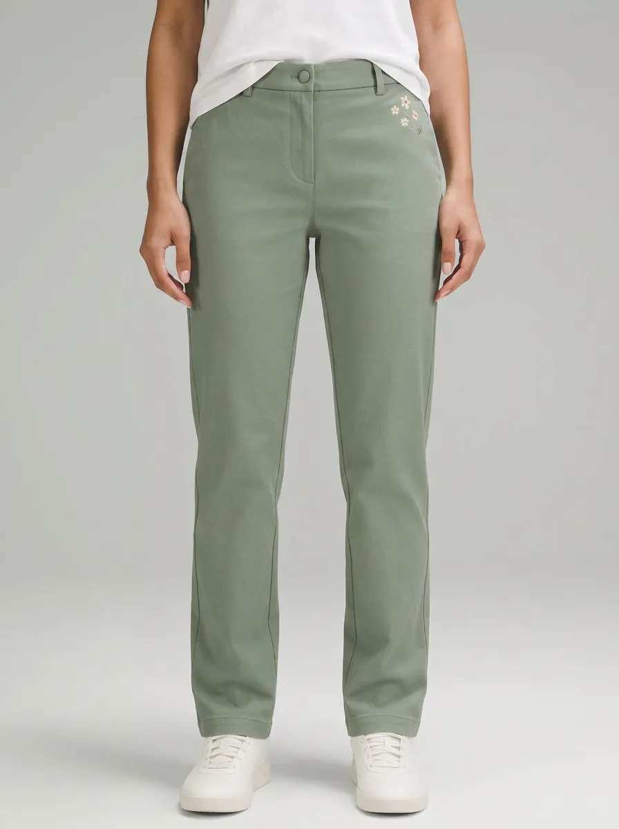 Women's Classic Comfort Small Flower Printed Mid Rise Straight Leg Pants