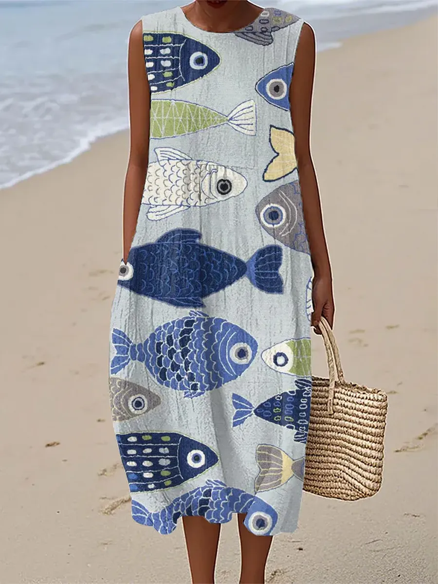 Women'S Vintage Fish Pattern Linen Dress