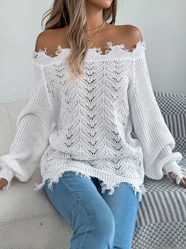 Ribbed Openwork Sheer Detail Off Shoulder Long Sleeve Sweater
