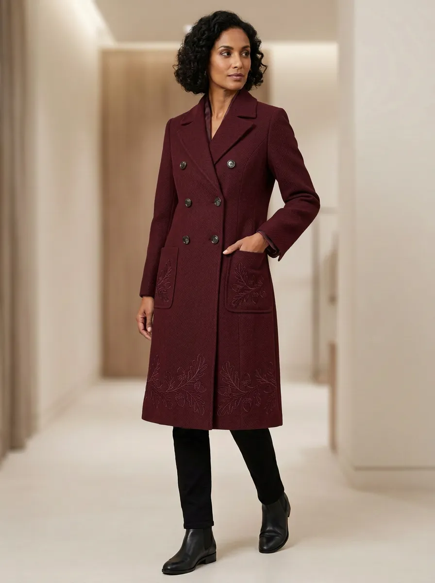 Women's Oak Leaf Embroidered Double-Breasted Coat