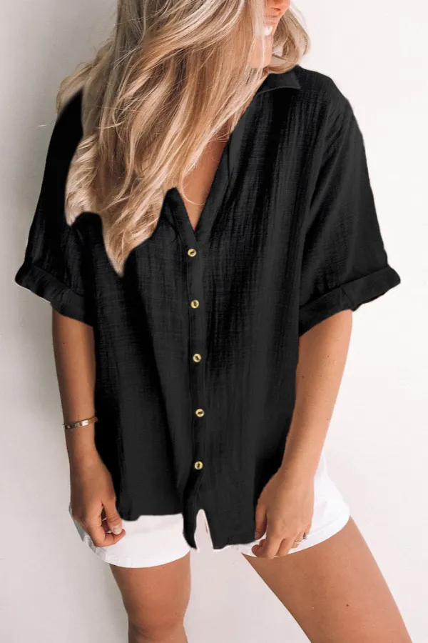Loose V Neck Button Short Sleeve Shirt