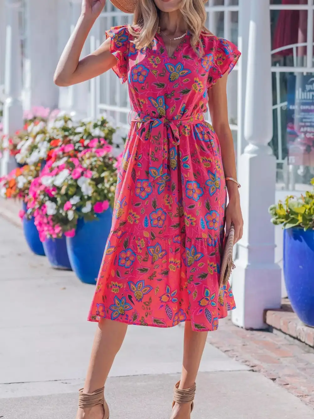 Comfort Fit Floral Tie Waist Flutter Sleeve Dress
