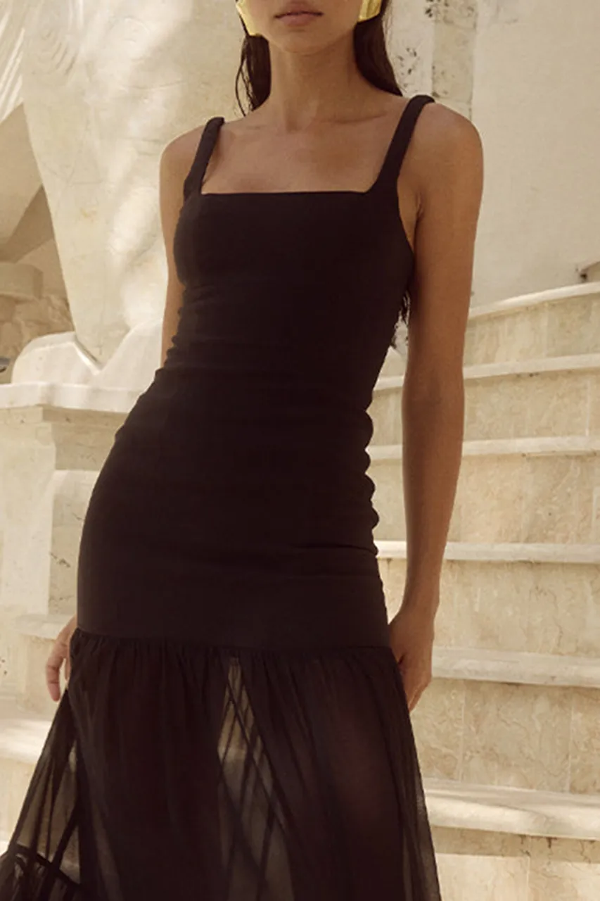 Square Neck Sheer Hem Maxi Dress