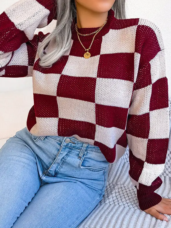 Plaid Round Neck Long Sleeve Relaxed Fit Sweater