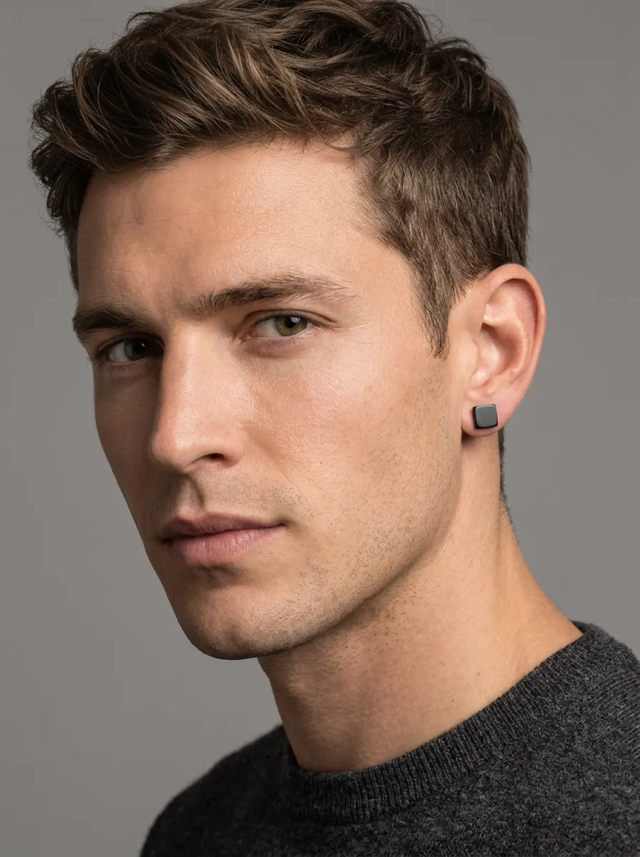 Men's Sculpted Minimalist Square Stud Earrings
