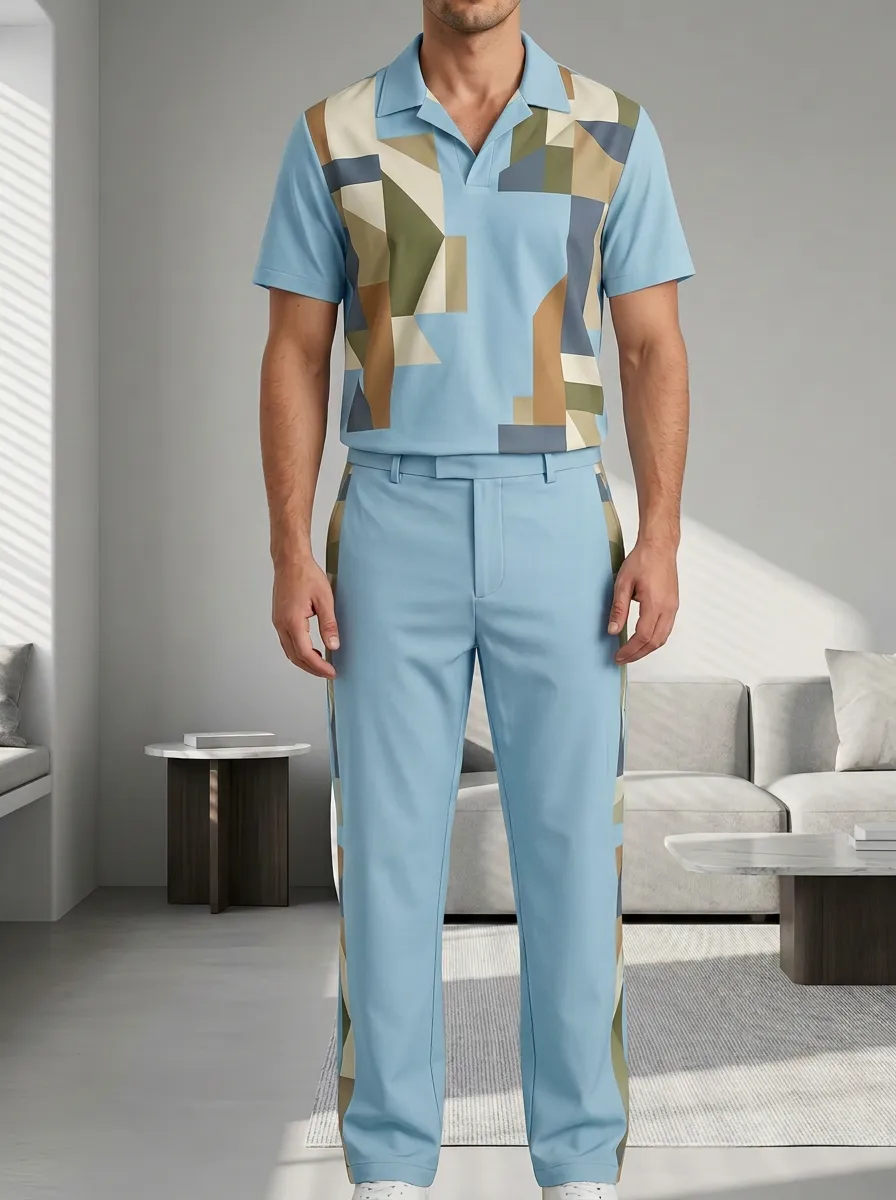 Men's Geometric Pattern Printed Casual Polo Shirt and Trousers Set
