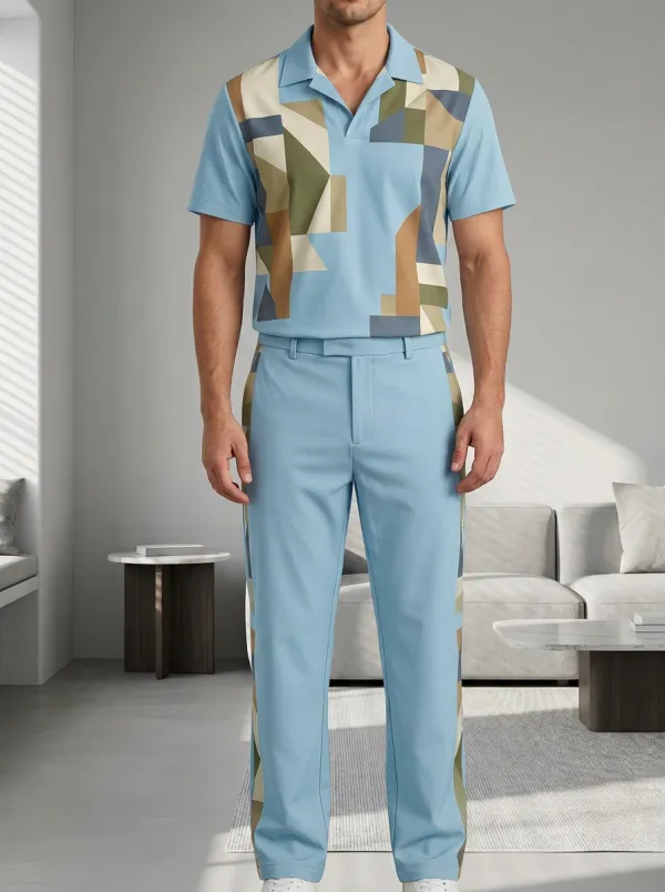 Men's Geometric Pattern Printed Casual Polo Shirt and Trousers Set