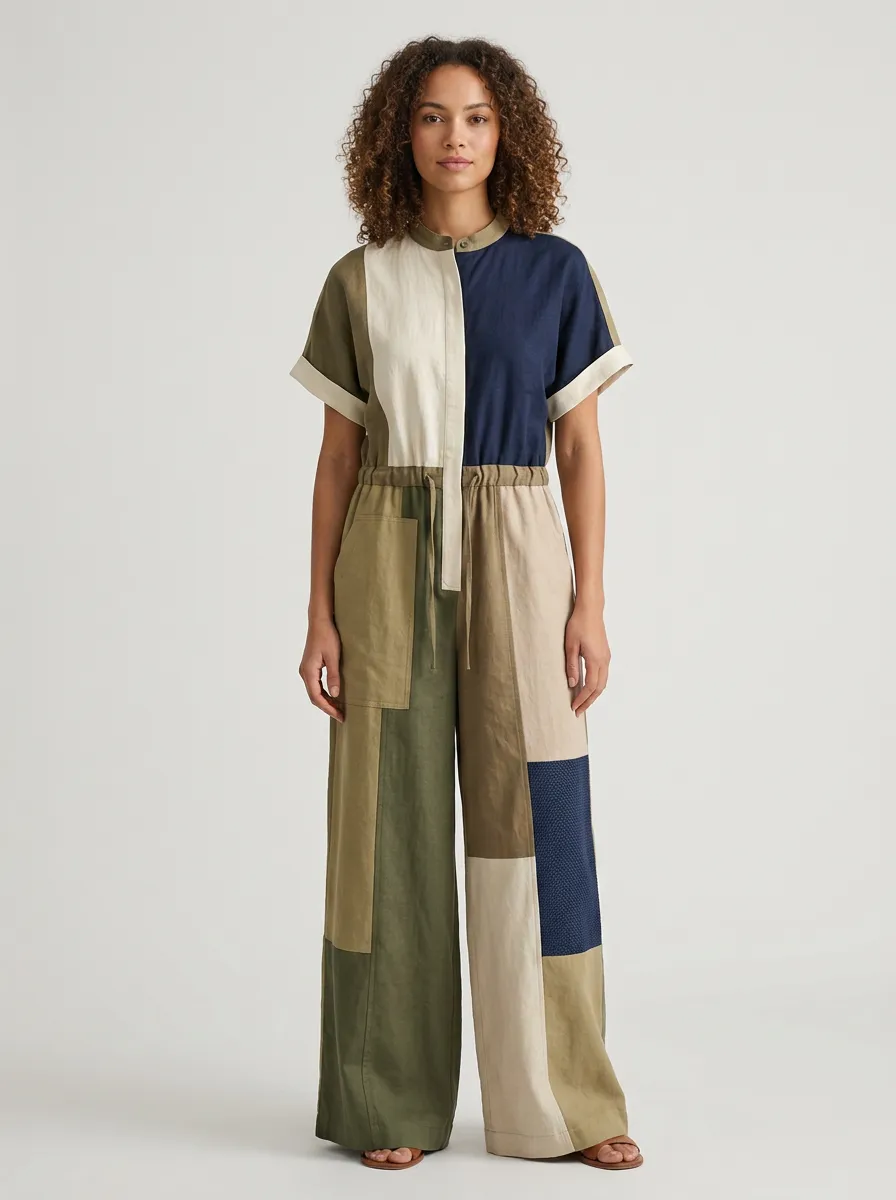 Women's Casual Colorblock Patchwork Printed Jumpsuit