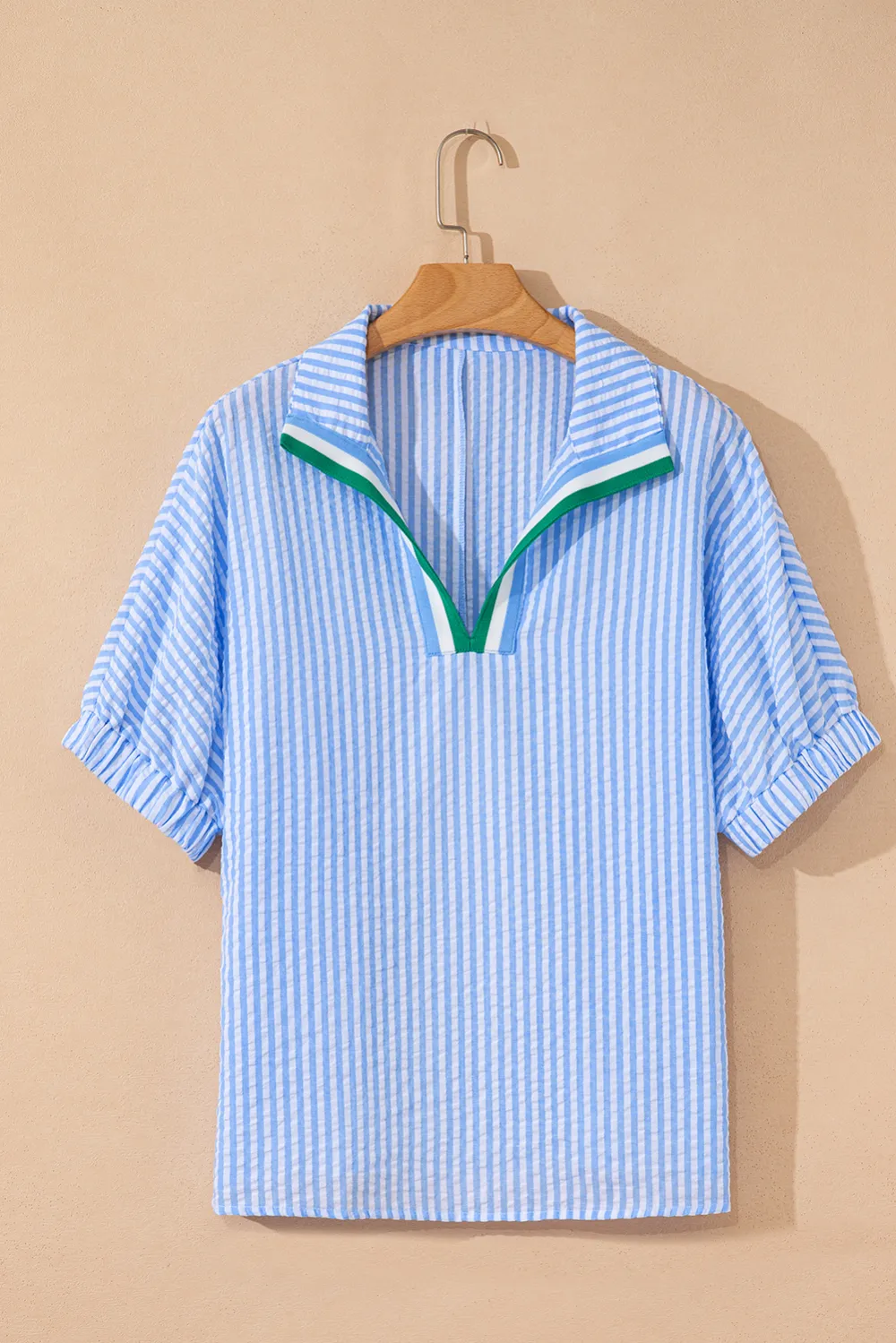 Sky Blue Striped Print Contrast Blouse