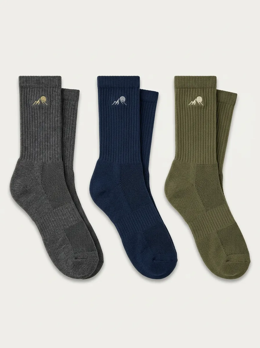 Men's Three-Pair Mountain Embroidered Ventilated Crew Sock Set
