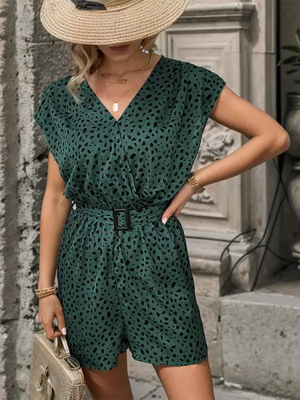 Leopard Print Jumpsuit V Neck Commuter Shorts