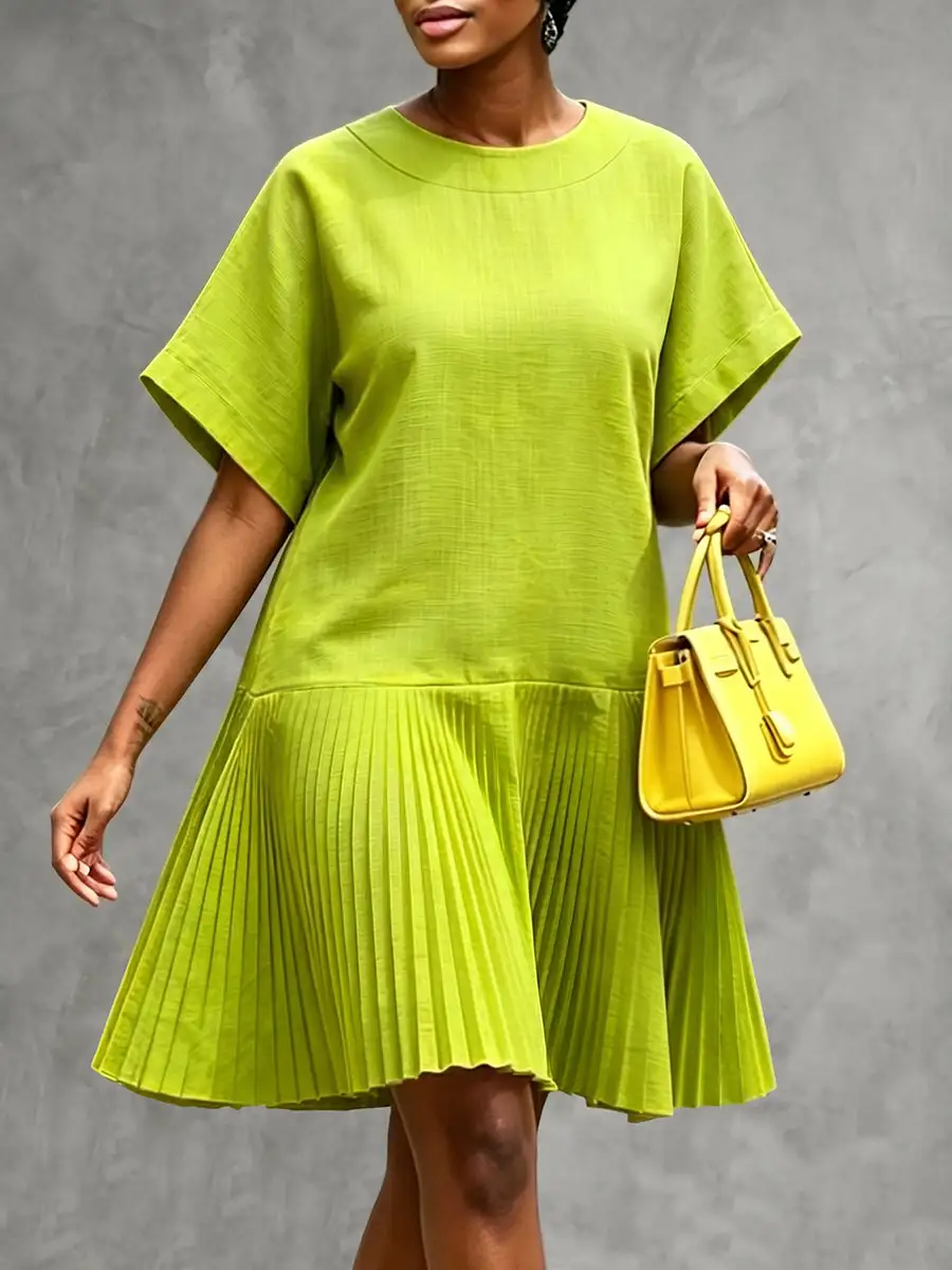 Relaxed Short Sleeve Pleated Solid Color Split Joint Round Neck Mini