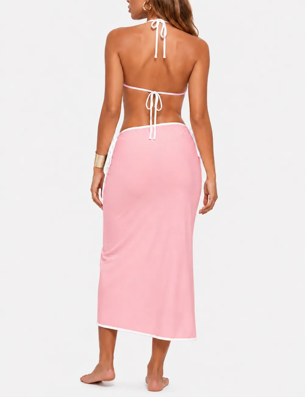 Color Block Halter Triangle Bikini Set with Midi Skirt