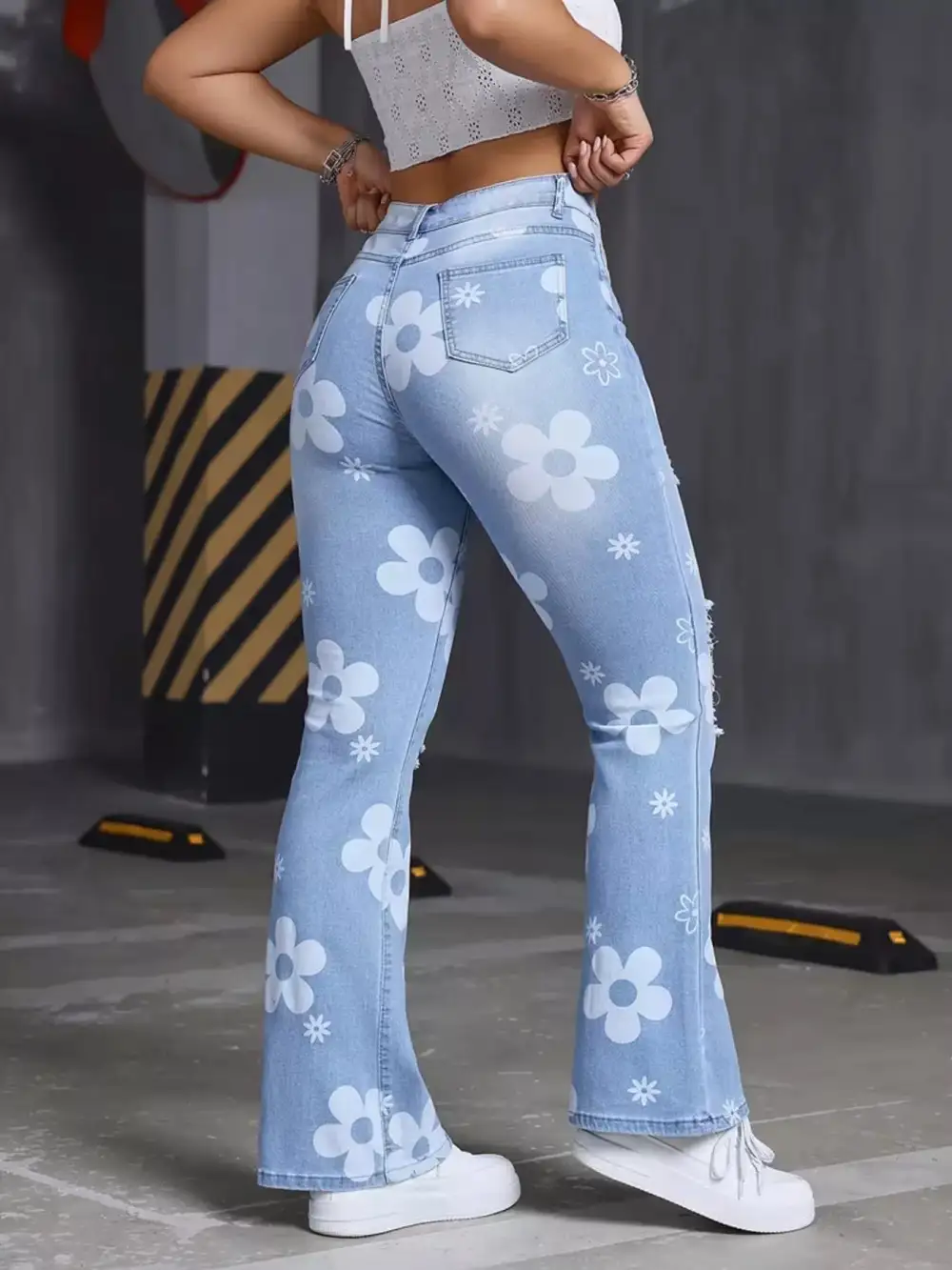 Ladies High-Waisted Floral Print Distressed Flare Jeans