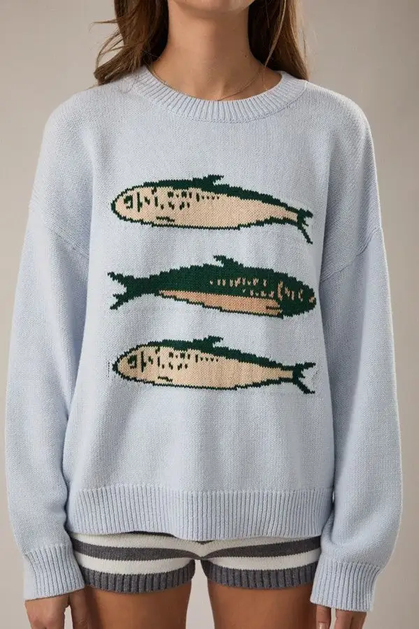 Baby Blue Fish Print Oversized Knit Sweater
