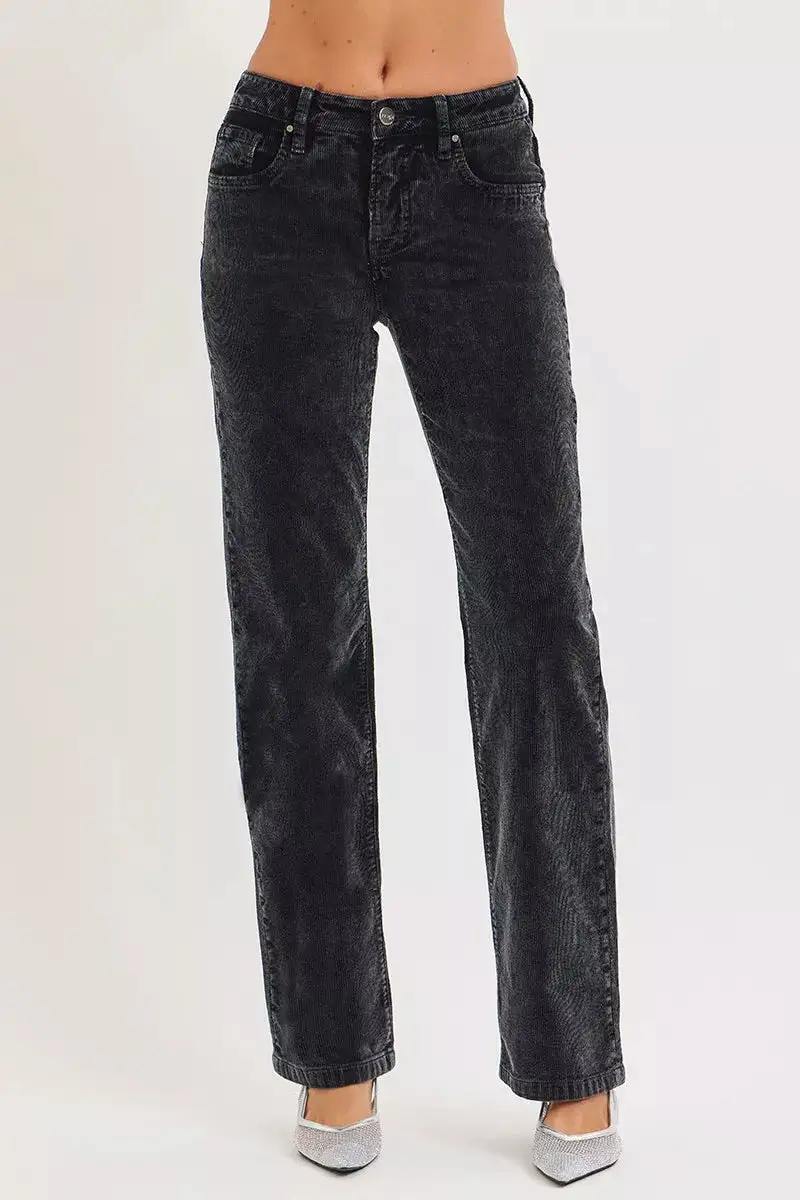 Straight Leg Mid Rise Corduroy Pocketed Pants