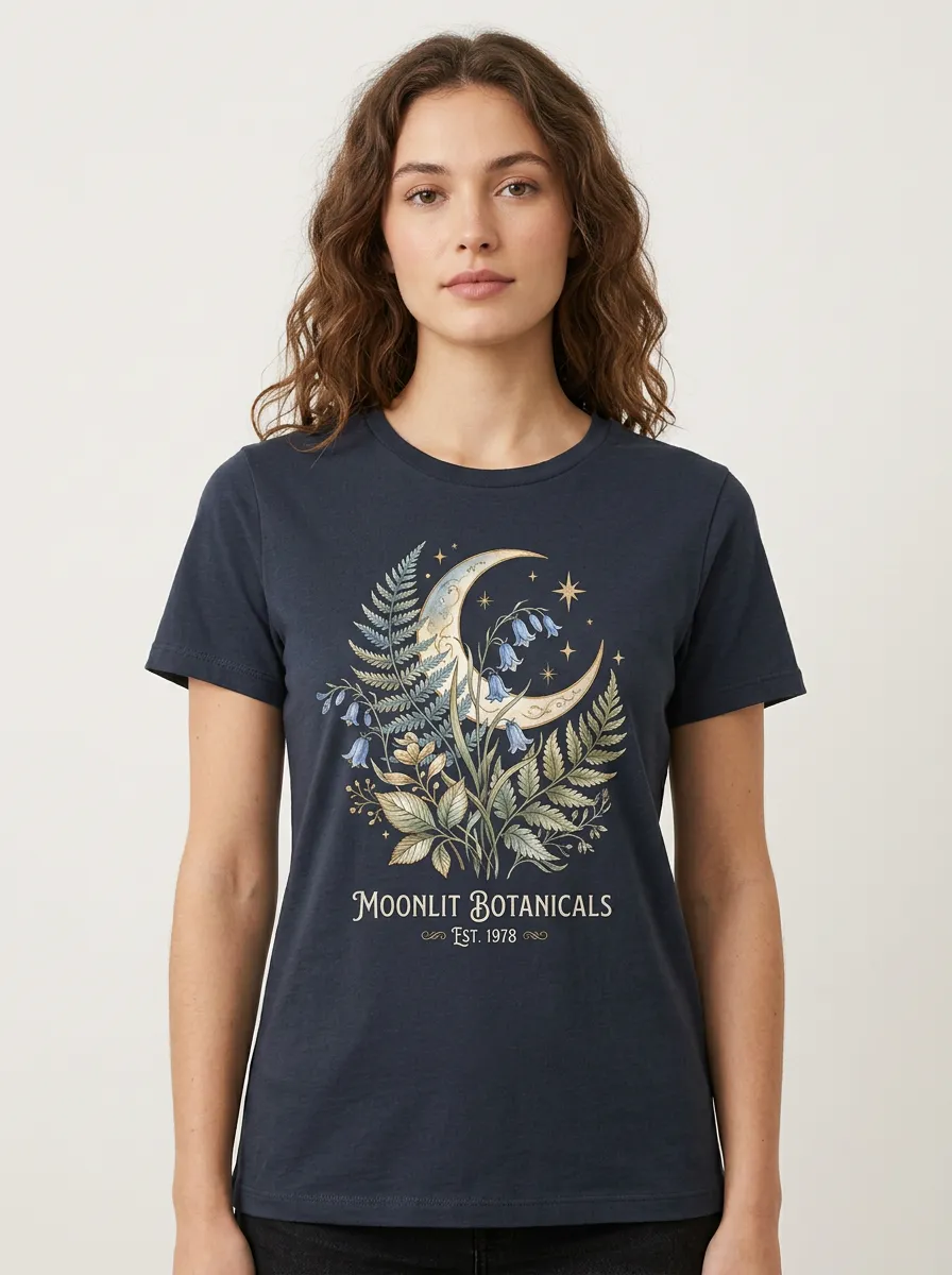 Women's Nature Lover Moonlit Botanicals Fern Flower Printed T-shirt