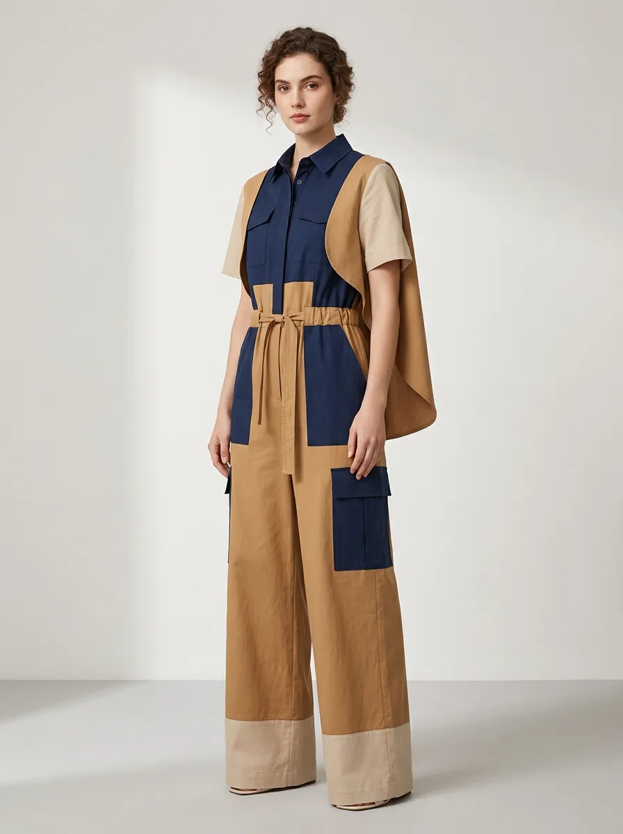 Women's Casual Utility Style Color-Block Cargo Jumpsuit