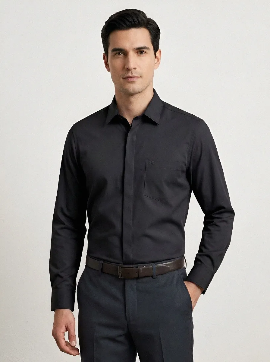 Men's Non-Iron Cotton Solid Pocket Long Sleeve Shirt